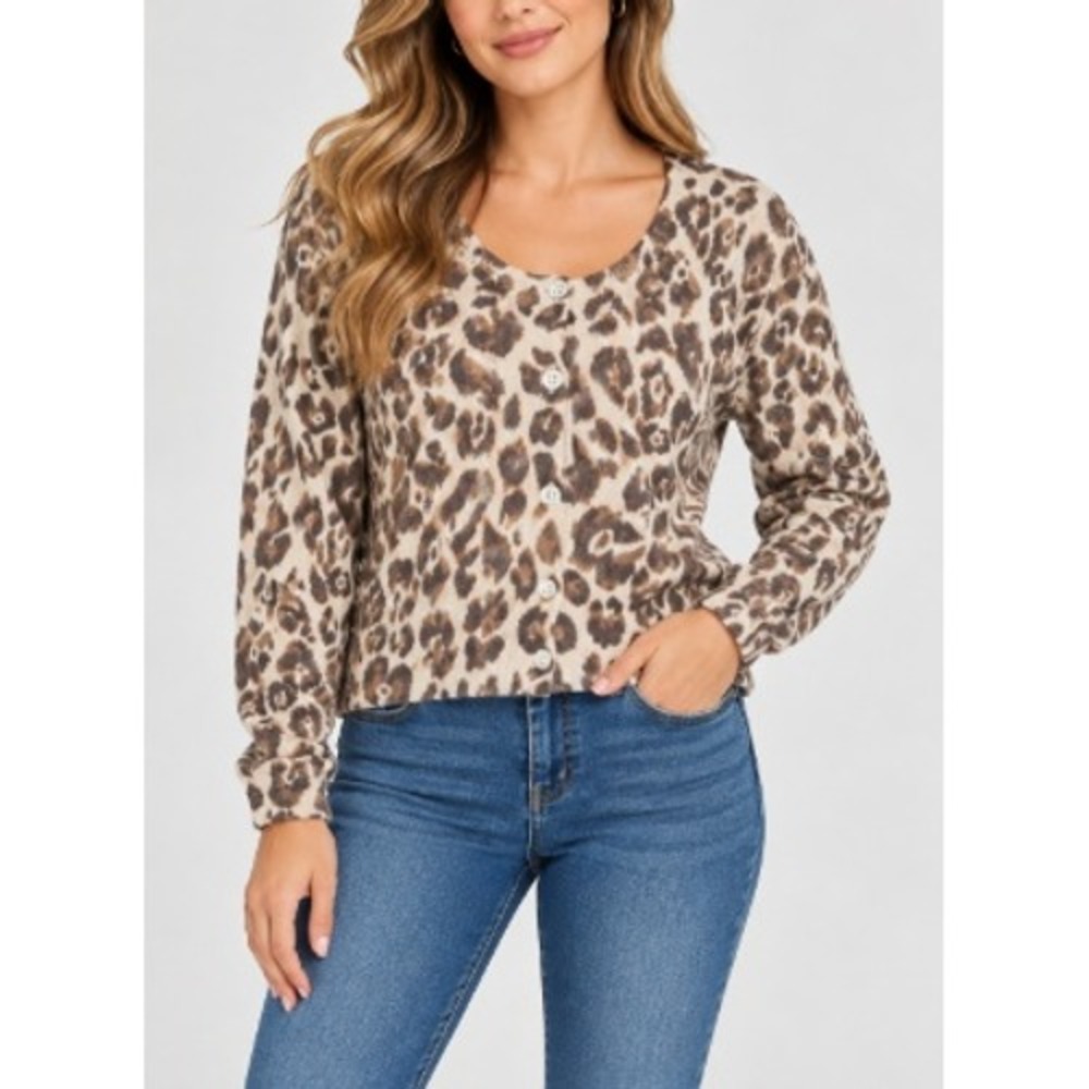 Ann Taylor Womens Brown Cream Classic Leopard Print Cardigan Sweater Size XS‎